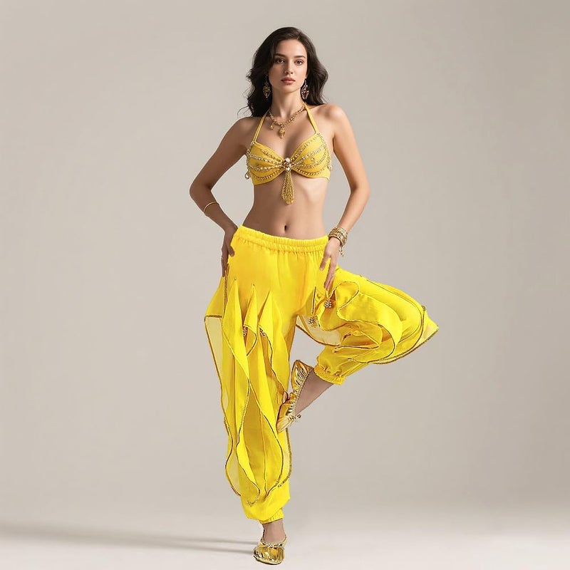 Rivoxi Women‘s Belly Dance Harem Pants with Golden Trim High Waist Stretchy Pants for Yoga Practice Stage Performance - Image 3